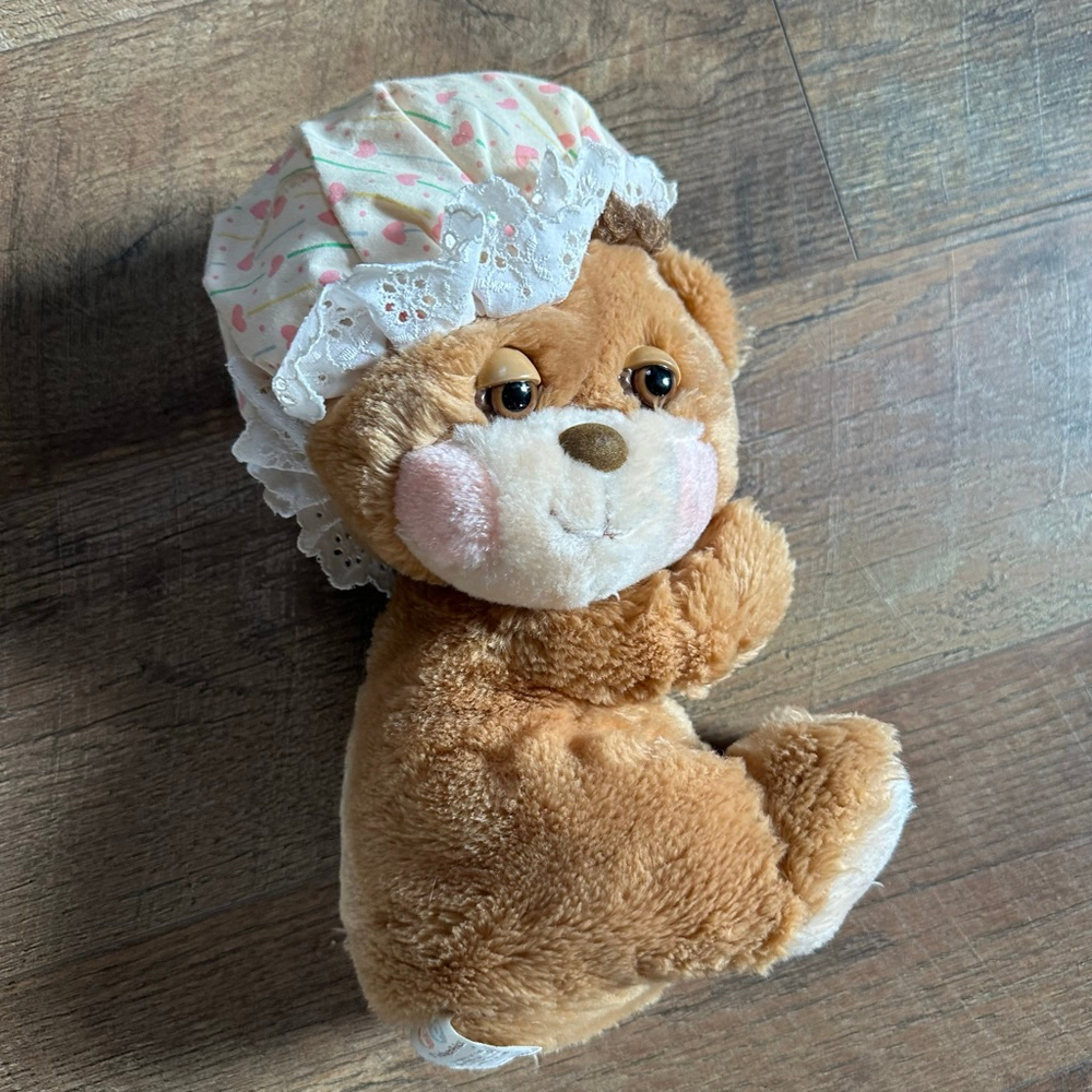 Fisher-Price Brown Bear Stuffed Animal Vintage with Pink Bonnet
